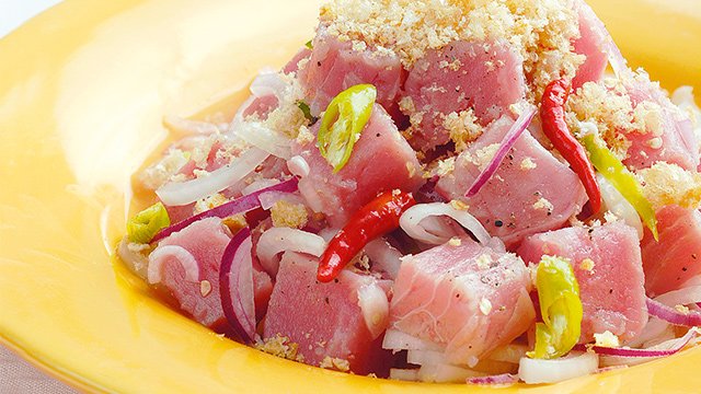 Mindanao's Amazing Flavors: tuna kinilaw- Tuna is marinated in calamansi, vinegar, and some spices (raw). 